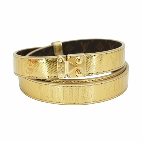 Louis Vuitton 展示品 Serrures 20 字花帆布拼牛皮金扣皮帶(M8892Z-金)