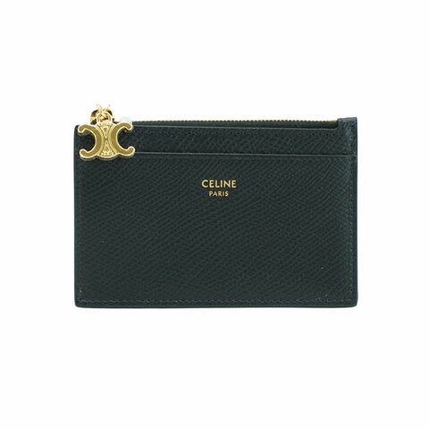 Celine 金凱旋門吊飾防刮牛皮拉鍊零錢卡包(黑)