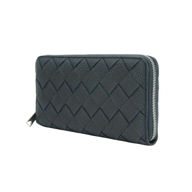 Bottega Veneta 編織牛皮銀扣拉鍊長夾(814838-黑)-1