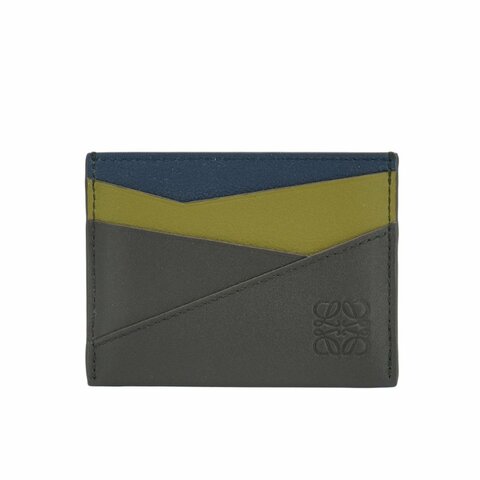 Loewe Puzzle 撞色小牛皮壓印logo四卡卡夾(深棕/綠)