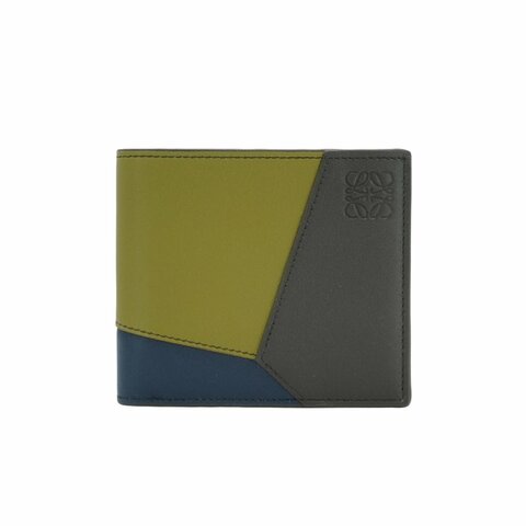 Loewe Puzzle 撞色小牛皮壓印logo八卡對開短夾(深棕/綠)