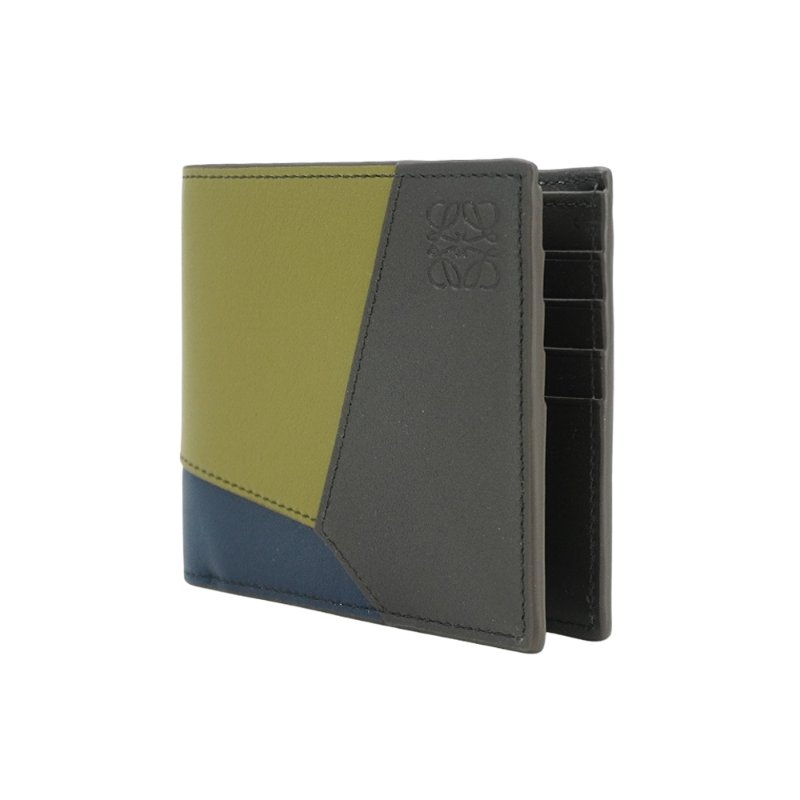 Loewe Puzzle 撞色小牛皮壓印logo八卡對開短夾(深棕/綠)-1