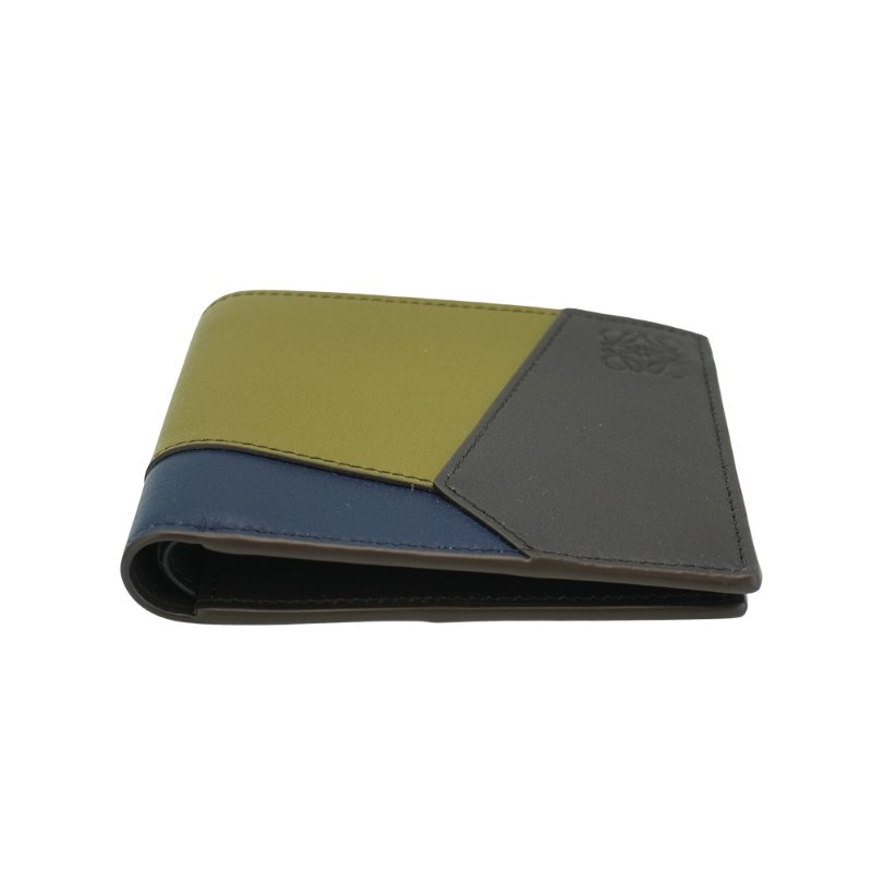 Loewe Puzzle 撞色小牛皮壓印logo八卡對開短夾(深棕/綠)-3