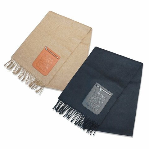 Loewe 品牌logo拉鍊皮標羊毛流蘇圍巾(多色)