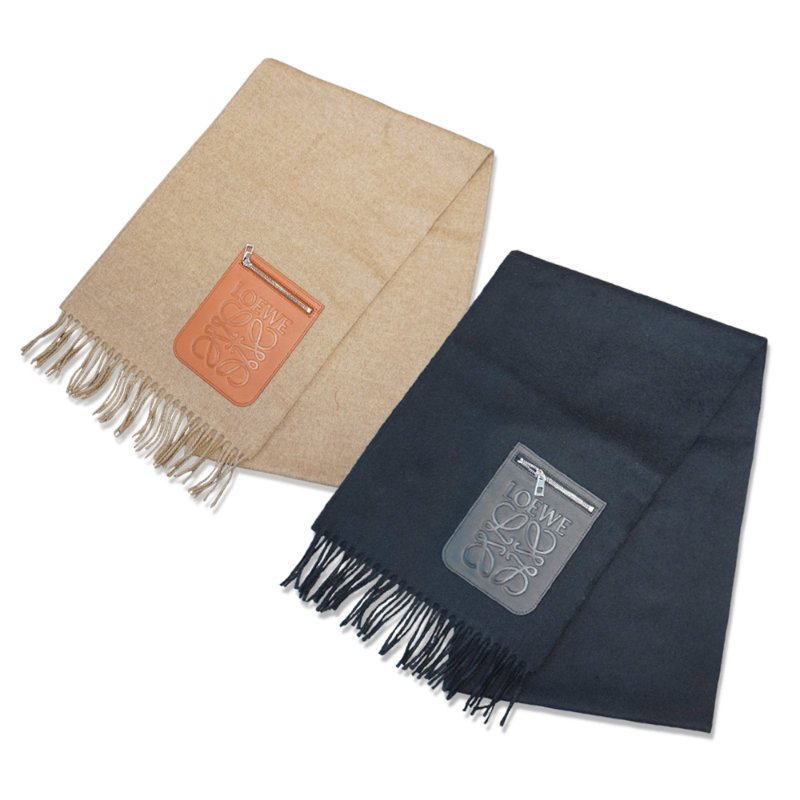 Loewe 品牌logo拉鍊皮標羊毛流蘇圍巾(多色)-0