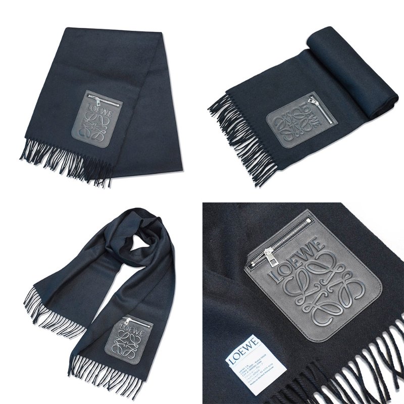 Loewe 品牌logo拉鍊皮標羊毛流蘇圍巾(多色)-1