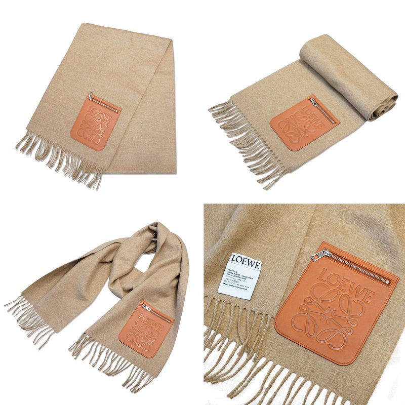 Loewe 品牌logo拉鍊皮標羊毛流蘇圍巾(多色)-2