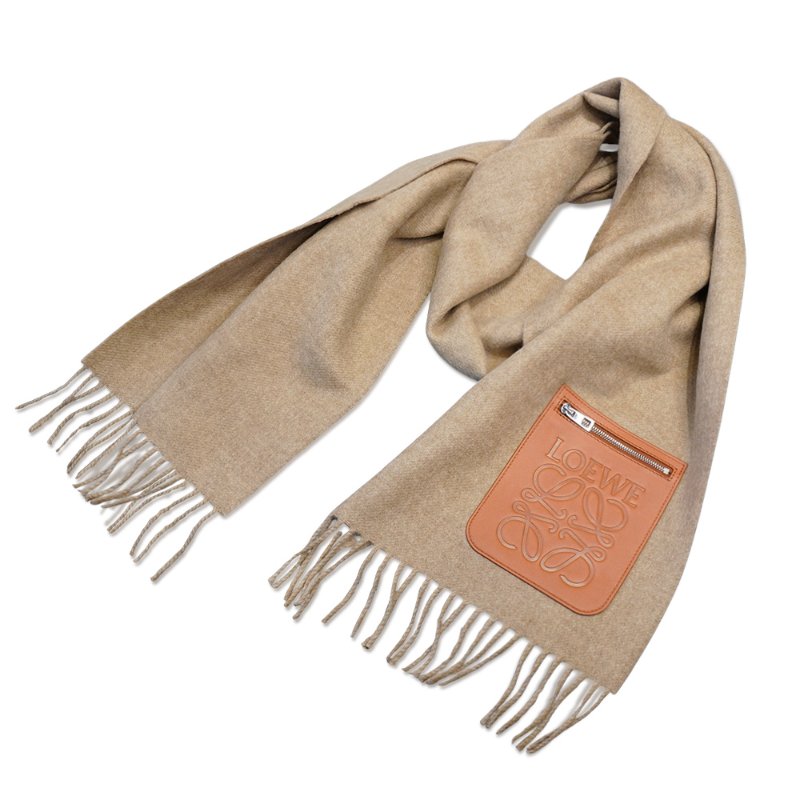 Loewe 品牌logo拉鍊皮標羊毛流蘇圍巾(多色)-7