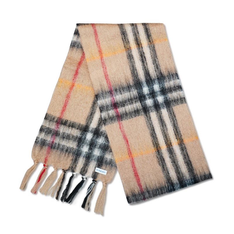 Burberry 馬海毛流蘇格紋圍巾(8112967-沙色)-0