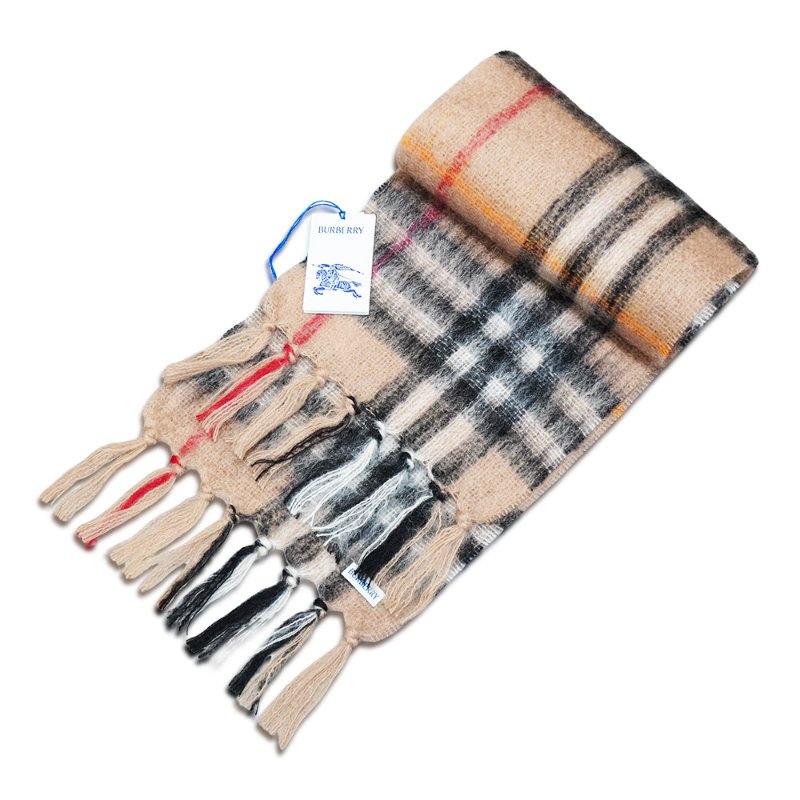 Burberry 馬海毛流蘇格紋圍巾(8112967-沙色)-1