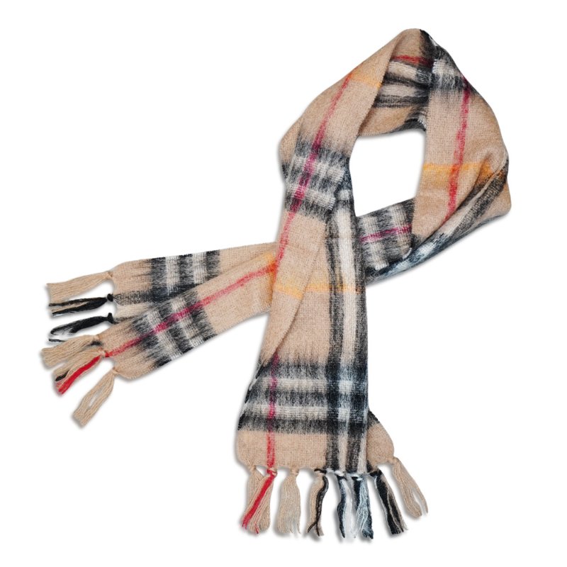 Burberry 馬海毛流蘇格紋圍巾(8112967-沙色)-2