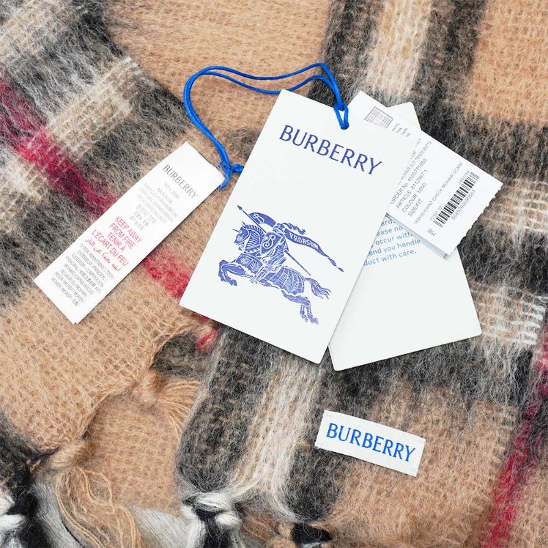 Burberry 馬海毛流蘇格紋圍巾(8112967-沙色)-3