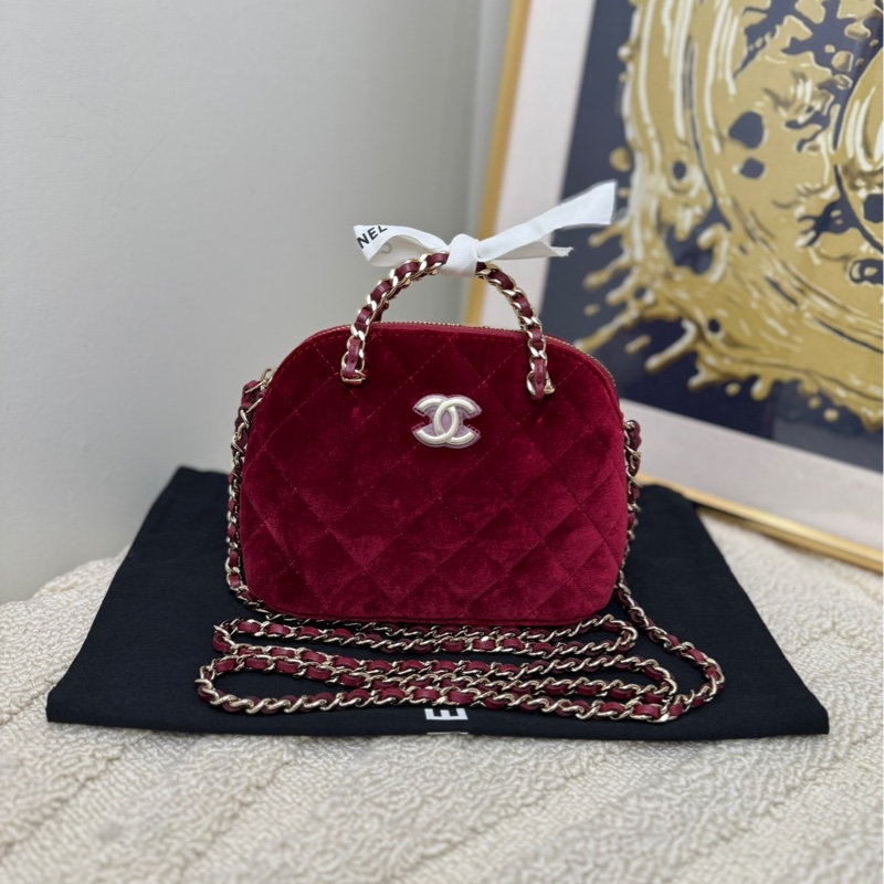 【 閒置❤️ 】Chanel 24B爆款酒紅色絲絨金扣貝殼包手提包 斜挎包-0