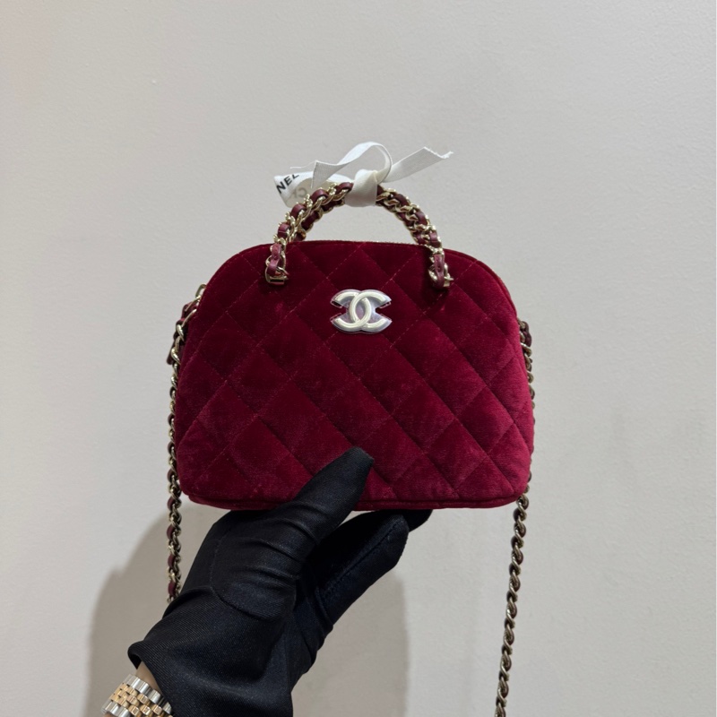 【 閒置❤️ 】Chanel 24B爆款酒紅色絲絨金扣貝殼包手提包 斜挎包-2