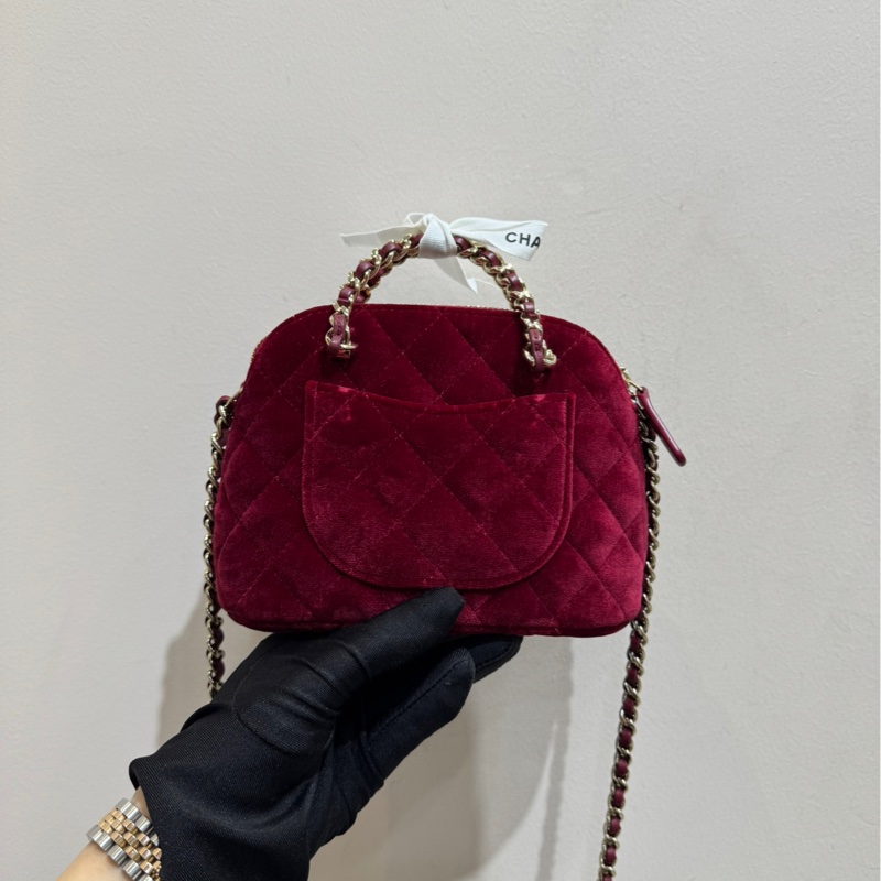 【 閒置❤️ 】Chanel 24B爆款酒紅色絲絨金扣貝殼包手提包 斜挎包-3