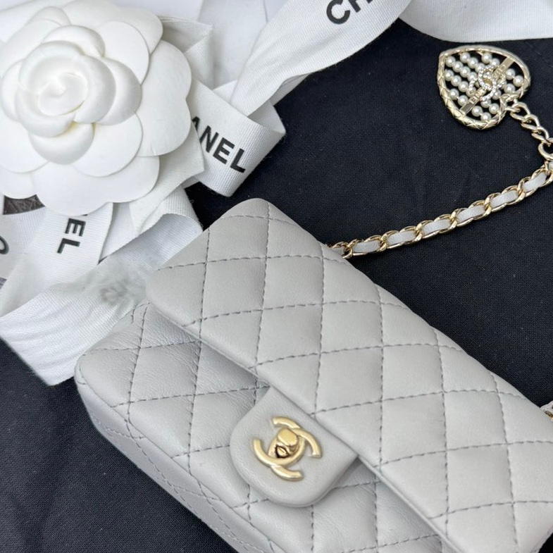 【全❤️全套】Chanel 25A淺灰色金扣羊皮CF超mini 斜挎包 單肩包-4