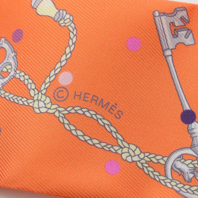 愛馬仕 Twilly LES CLES A POIS 絲巾,橘色多色真絲,二手女款-1