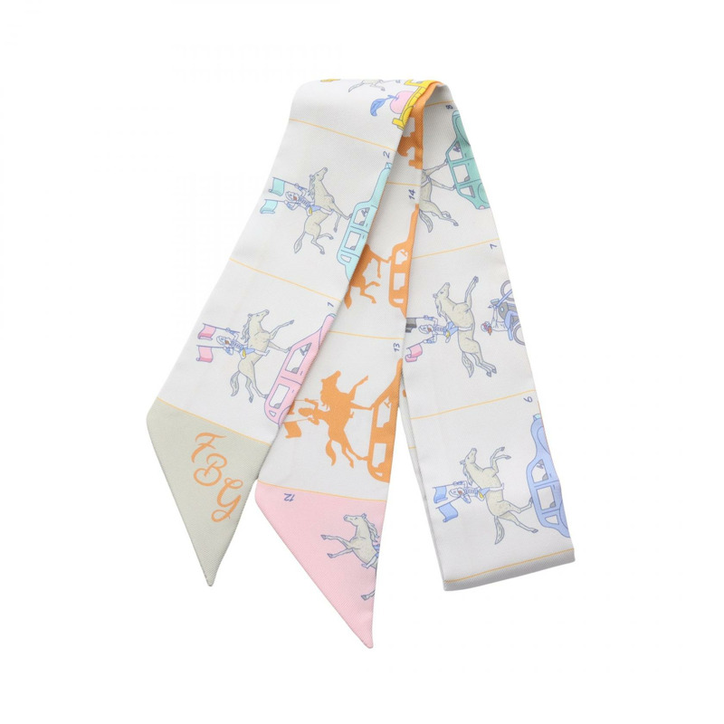 愛馬仕 Twilly 絲巾,白色多色真絲,二手女款-0
