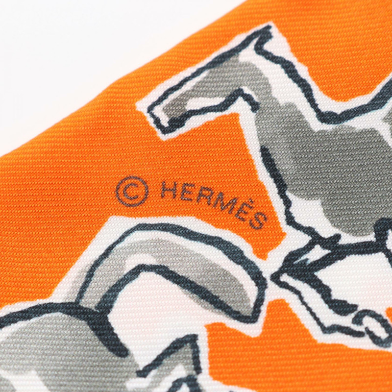 愛馬仕 Twilly CHEVAUX EN LIBERTE 絲巾，橘色多色真絲，二手女款-1