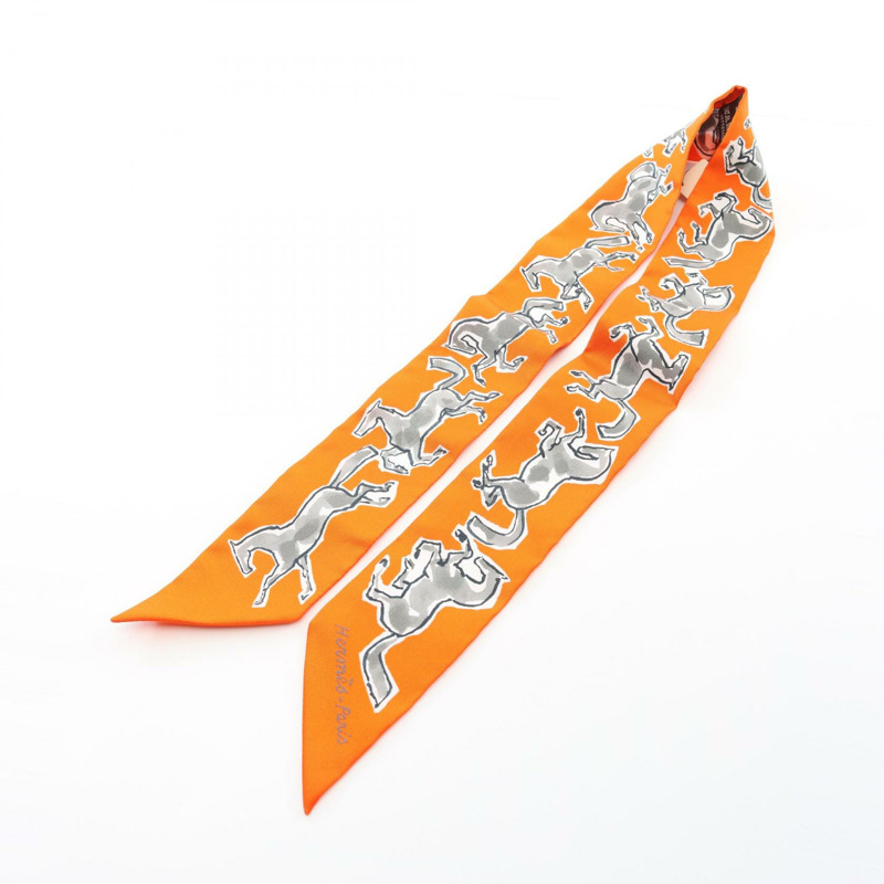 愛馬仕 Twilly CHEVAUX EN LIBERTE 絲巾，橘色多色真絲，二手女款-3