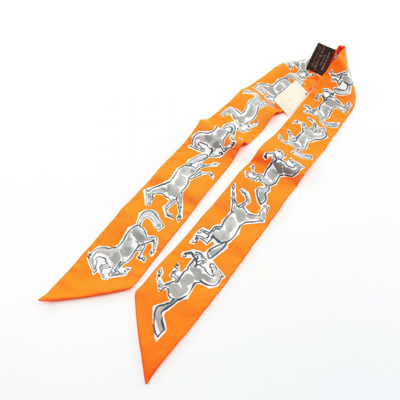 愛馬仕 Twilly CHEVAUX EN LIBERTE 絲巾，橘色多色真絲，二手女款-4