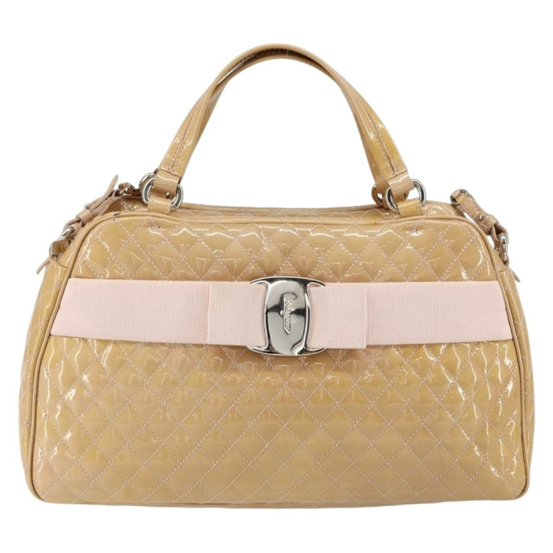 【日本直送】Salvatore Ferragamo Vala 琺瑯手提包 2way 米色 銀色 Auth 150429-12