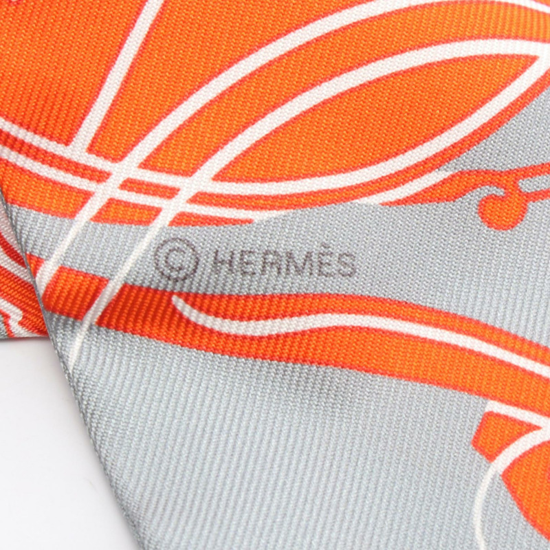 愛馬仕 Twilly Ex-Libris 永恆絲巾,橘色、灰色、粉紅色,二手女款-1