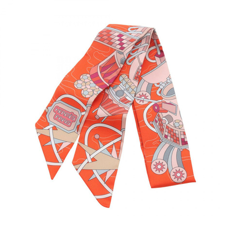 愛馬仕 Twilly Odyssey 絲巾，橘色多色真絲，二手女款