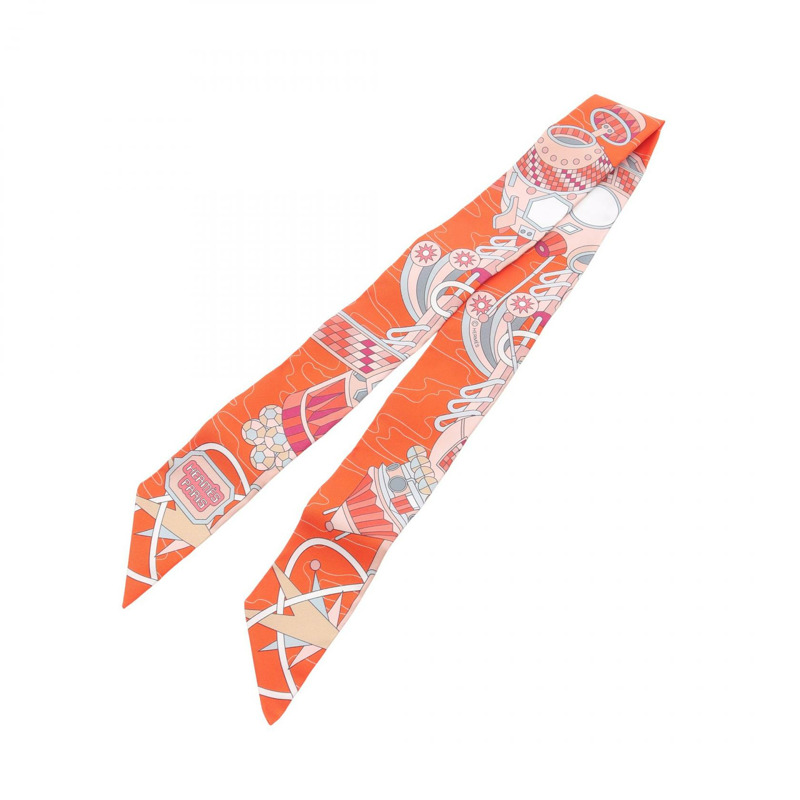 愛馬仕 Twilly Odyssey 絲巾,橘色多色真絲,二手女款-3