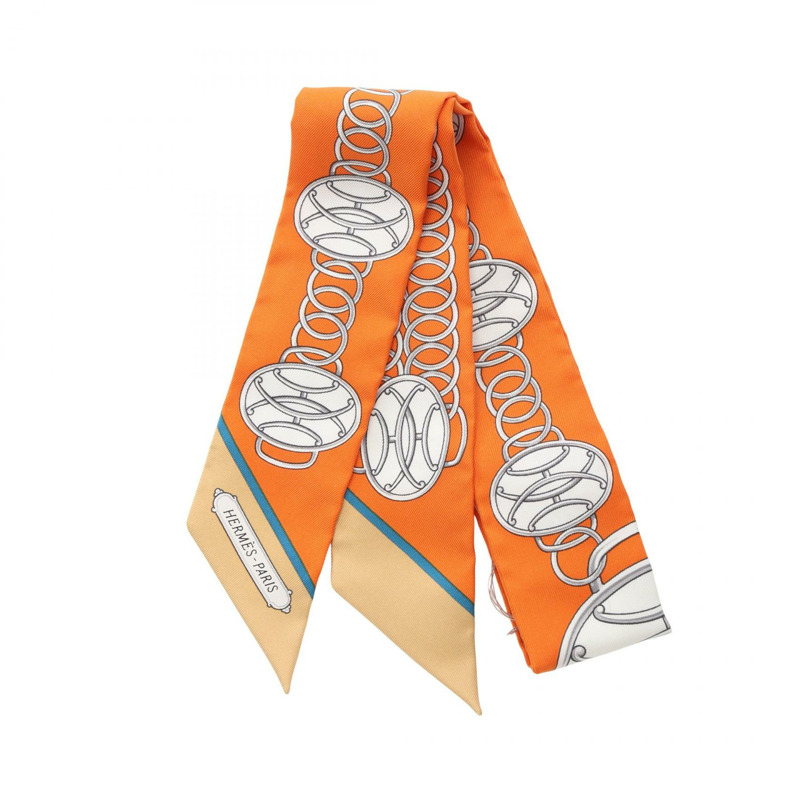 愛馬仕 Twilly LIFT PROFILE 絲巾,橘色、白色、多色,二手女款-0