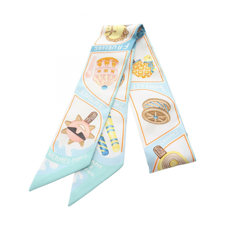 愛馬仕 Twilly 趣味冰淇淋絲巾，藍色多色真絲圍巾，二手女款-0