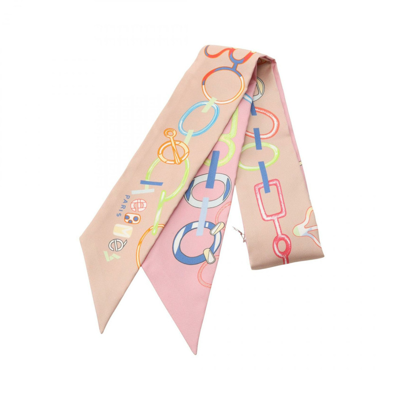 愛馬仕 Twilly DO RE BOUCLES 絲巾，粉紅色多色真絲，二手女款-0