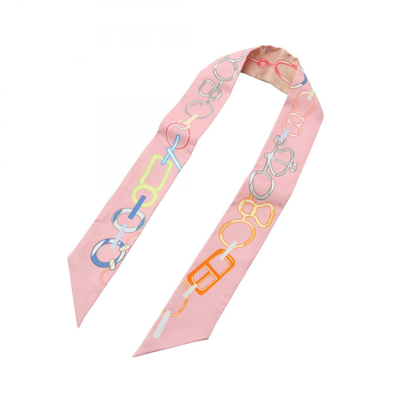 愛馬仕 Twilly DO RE BOUCLES 絲巾，粉紅色多色真絲，二手女款-3