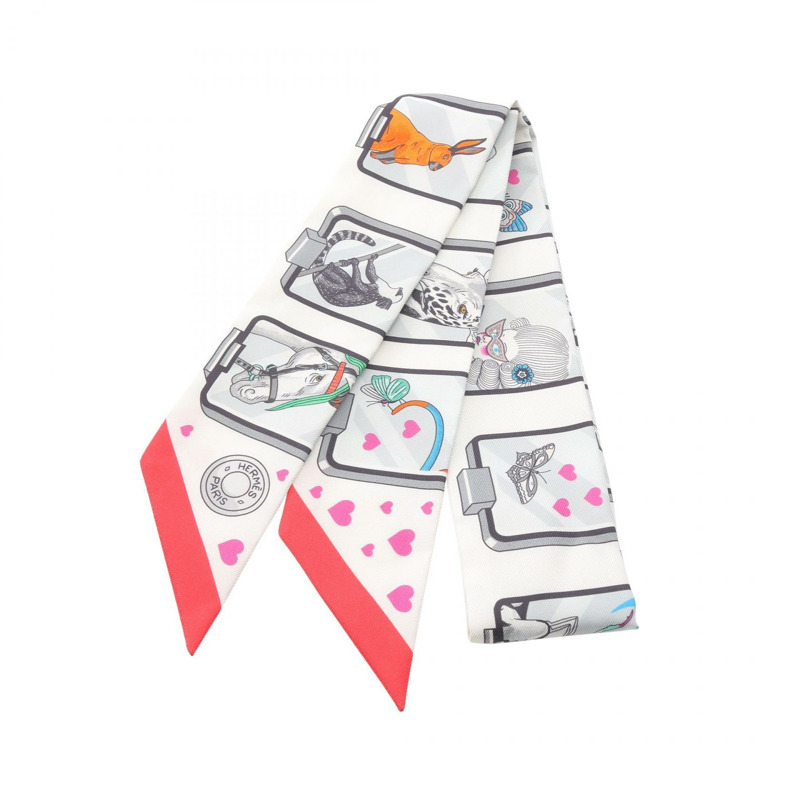 愛馬仕 Twilly HERMES STORY 絲巾 白色 紅色 多色 二手 女士-0