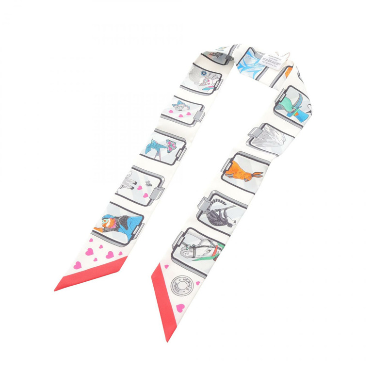 愛馬仕 Twilly HERMES STORY 絲巾 白色 紅色 多色 二手 女士-3