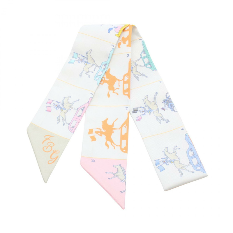 愛馬仕 Twilly 絲巾，真絲材質，灰色、白色、粉紅色、多色，二手，女士款-0