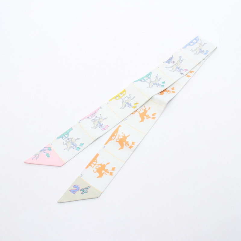 愛馬仕 Twilly 絲巾，真絲材質，灰色、白色、粉紅色、多色，二手，女士款-3