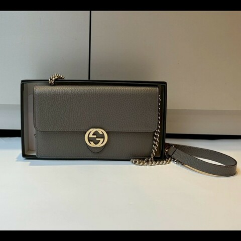 Gucci 淡金鍊灰皮鍊帶小包 WOC