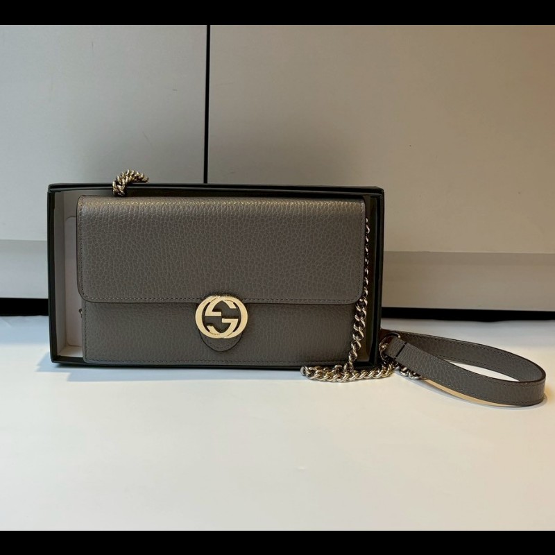 Gucci 淡金鍊灰皮鍊帶小包 WOC-0