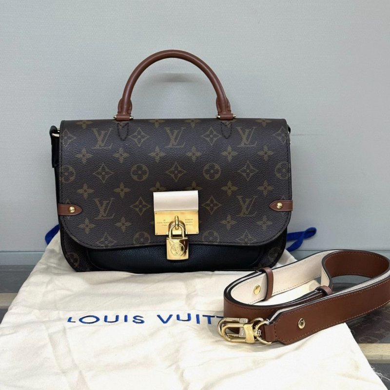 LV 老花拼黑鎖頭手提斜背郵差包26*19*9.5 98新配件塵袋鎖-0