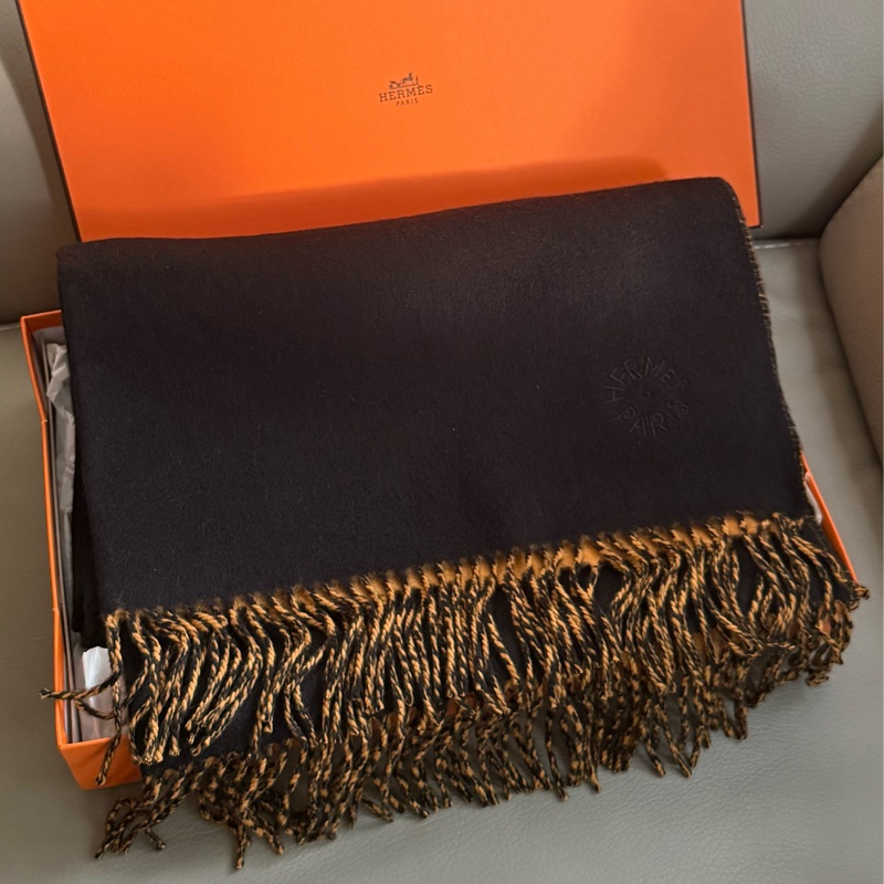 Hermes Double Face 黑拼橙色羊絨大圍巾-0