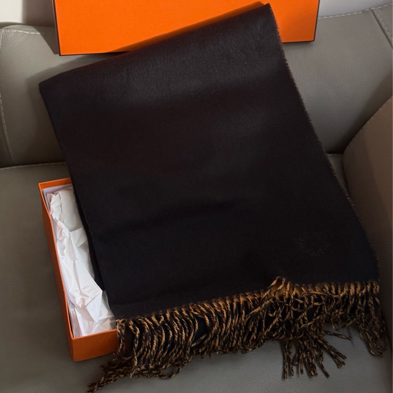 Hermes Double Face 黑拼橙色羊絨大圍巾-1