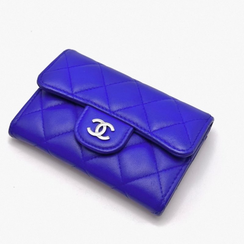 ️CHANEL 藍色銀扣羊皮短款錢包 11*8*2 98新配件盒子塵袋-2