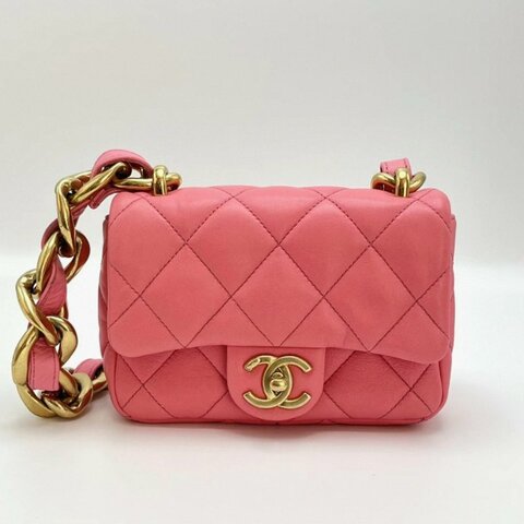 CHANEL 22s粉色金扣粗鏈條CF方胖子肩背斜背包17*12*5 99新配件塵袋