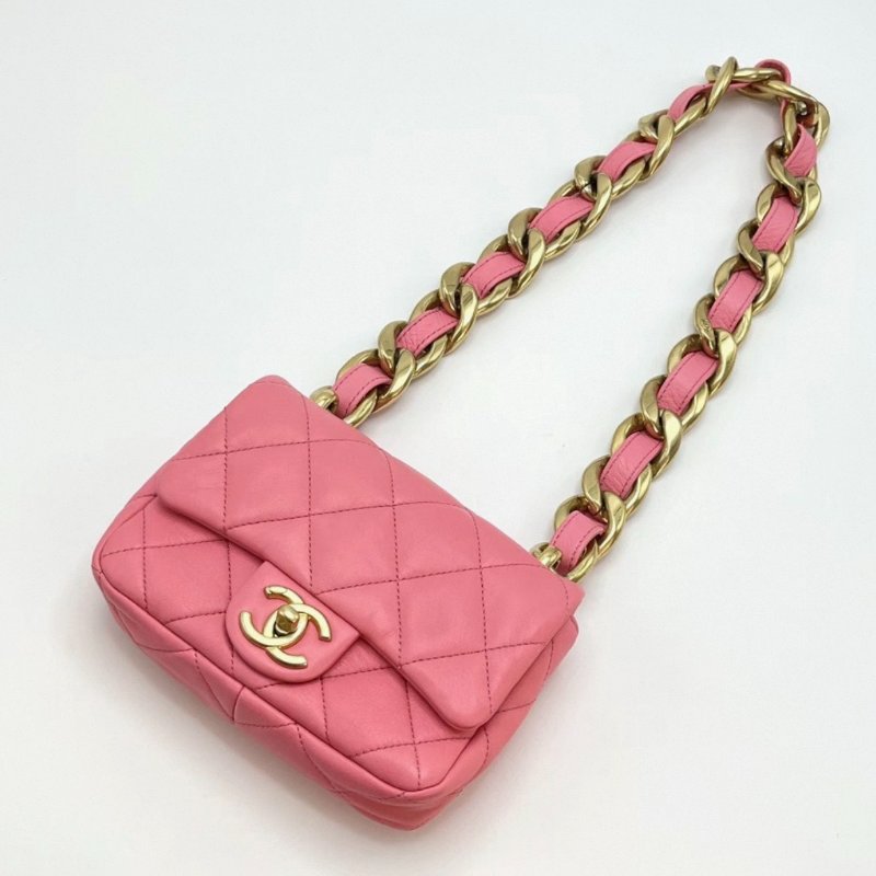 CHANEL 22s粉色金扣粗鏈條CF方胖子肩背斜背包17*12*5 99新配件塵袋-1
