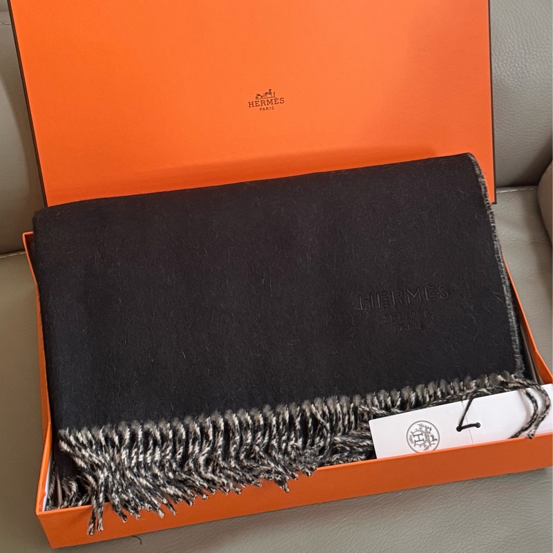 Hermes Double Face 黑拼裸灰色 大尺寸羊絨圍巾-0