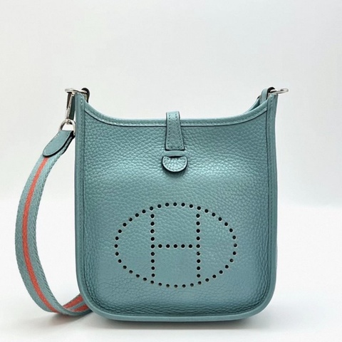 HERMES 湖水綠銀扣伊芙琳mini肩背斜背包17*18*5 98新配件塵袋