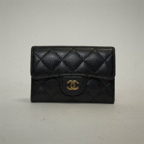 CHANEL CF短款口蓋錢包無後拉鏈11.5黑色荔枝牛皮27開金扣肩背包