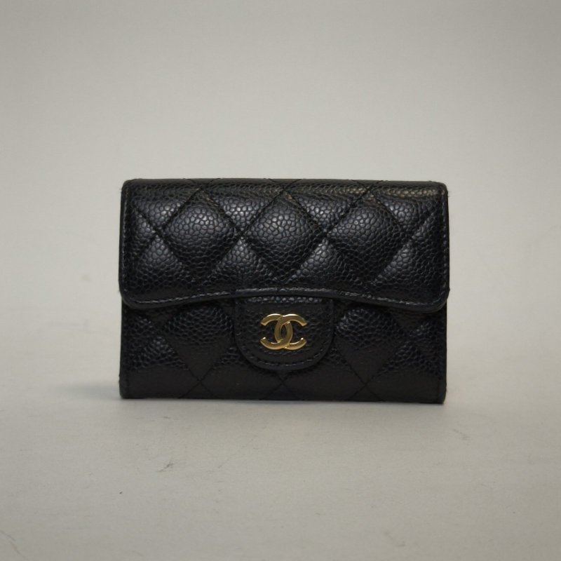 CHANEL CF短款口蓋錢包無後拉鏈11.5黑色荔枝牛皮27開金扣肩背包-0