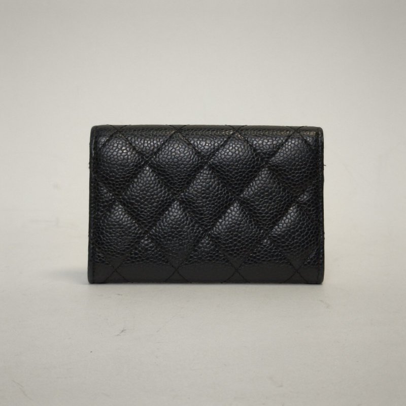 CHANEL CF短款口蓋錢包無後拉鏈11.5黑色荔枝牛皮27開金扣肩背包-2